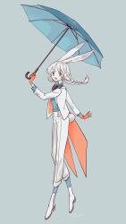  1girl animal_ears black_bow black_bowtie blue_socks blue_umbrella bow bowtie braid braided_ponytail commentary_request dated full_body gloves green_background green_shirt hand_up high_heels highres holding holding_umbrella limo_nine long_hair looking_to_the_side open_mouth original pants ponytail rabbit_ears rabbit_girl rabbit_tail red_gloves shirt shoes signature simple_background single_braid socks solo standing suit swept_bangs tail tailcoat umbrella white_hair white_pants white_shoes white_suit white_tailcoat 