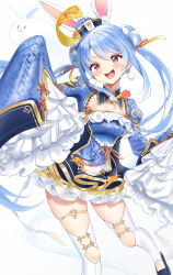  1girl :d absurdres animal_ears blue_dress blue_hair blue_hat blue_sleeves braid braided_bun breasts commentary_request detached_collar don-chan_(usada_pekora) double_bun dress earrings extra_ears frilled_dress frills ghost hair_bun hat highres hikimayu hololive jewelry jiangshi_costume long_hair long_sleeves mandarin_collar medium_breasts multicolored_hair official_alternate_costume official_alternate_hairstyle ofuda open_mouth orange_eyes pom_pom_(clothes) pom_pom_earrings qingdai_guanmao rabbit-shaped_pupils rabbit_ears rabbit_girl short_dress short_eyebrows side_up_bun sidelocks sleeves_past_fingers sleeves_past_wrists smile solo symbol-shaped_pupils teeth terra_bose thick_eyebrows thigh-highs thighlet twintails two-tone_hair upper_teeth_only usada_pekora usada_pekora_(jiangshi) very_long_hair virtual_youtuber white_hair white_thighhighs 