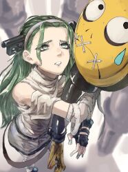  1girl 1other a.b.a aqua_nails averting_eyes bags_under_eyes bandaged_arm bandaged_chest bandages black_gloves blood commentary_request fingerless_gloves from_above gloves green_eyes green_hair guilty_gear guilty_gear_strive hairband highres key key_in_head long_hair looking_at_another nail_polish object_through_head off-shoulder_shirt off_shoulder paracelsus_(guilty_gear) parted_lips shirt single_fingerless_glove skirt standing stitched_mouth stitches sweatdrop tanaka_ruuchin white_hairband white_mouth white_shirt white_skirt 