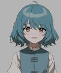  1girl :d absurdres ahoge arina_stepanova blue_hair commentary english_commentary grey_background highres looking_at_viewer no_heterochromia open_mouth red_eyes short_hair simple_background smile tatara_kogasa touhou upper_body 