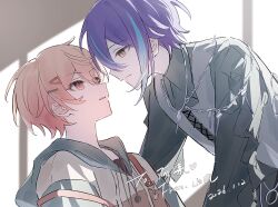  2boys blonde_hair closed_mouth hair_ornament hairclip highres hood hood_down kamishiro_rui leaning_back leaning_forward long_sleeves looking_at_another male_focus multiple_boys open_mouth project_sekai purple_hair shadow shanfeng476 tenma_tsukasa yellow_eyes 