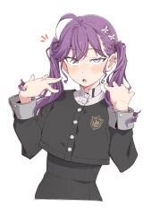  1girl ahoge blush commentary_request eitopondo gakuen_idolmaster highres idolmaster kaya_rinha long_sleeves looking_at_viewer medium_hair open_mouth purple_hair simple_background solo twintails upper_body white_background 