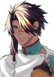  1boy absurdres black_hair blonde_hair blue_eyes chinese_clothes dark-skinned_male dark_skin fate/grand_order fate_(series) front_ponytail hair_between_eyes hair_over_one_eye haruakira highres huang_feihu_(fate) long_hair looking_to_the_side male_focus multicolored_hair scar scar_on_cheek scar_on_face scar_on_nose sketch smile solo streaked_hair thick_eyebrows toned 