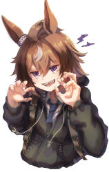  1girl animal_ears black_jacket blue_necktie brown_hair claw_pose collared_shirt commentary_request cropped_torso highres horse_ears horse_girl jacket long_sleeves looking_at_viewer matsukuzu medium_hair necktie prototype_design purple_hair sharp_teeth shinko_windy_(umamusume) shirt simple_background solo teeth umamusume white_background white_shirt zipper 