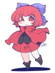  1girl :/ blush_stickers bow cape chahan_(fried_rice0614) chibi cloak expressionless full_body hair_bow highres long_sleeves red_cloak red_eyes redhead sekibanki short_hair simple_background skirt solo standing standing_on_one_leg touhou 