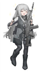  1girl absurdres ak-12 ak-12_(girls'_frontline) assault_rifle black_boots black_gloves black_pants boots braid cheogtanbyeong closed_eyes commentary_request double-parted_bangs facing_viewer full_body girls_frontline gloves gun half_up_braid highres holding holding_gun holding_weapon jacket kalashnikov_rifle korean_commentary long_hair long_sleeves open_mouth pants partially_fingerless_gloves rifle sidelocks simple_background solo sparkle standing tactical_clothes v weapon white_background white_hair 
