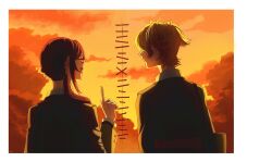  2girls absurdres arm_at_side arms_at_sides artist_name backlighting bag bell black-framed_eyewear blonde_hair border closed_mouth clouds commentary daiba_nana english_commentary evening fingernails from_behind glasses grey_jacket hair_bell hair_ornament hair_over_eyes hair_ribbon hand_up highres holding holding_bag hoshimi_junna index_finger_raised jacket jingle_bell ling_(chaaaaanhikari) low_side_ponytail multiple_girls open_mouth orange_sky outdoors photo_(object) purple_hair ribbon school_uniform seishou_music_academy_uniform short_hair short_sleeves short_twintails shoujo_kageki_revue_starlight side_ponytail sky smile stitches tree twintails white_border yellow_ribbon 