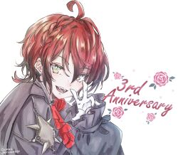  absurdres ahoge ascot braid commentary english_commentary flower gloves highres holostars holostars_english looking_at_viewer machina_x_flayon male_focus official_alternate_costume open_mouth orcinus666 red_ascot red_flower red_hair red_rose rose short_hair simple_background solo upper_body v white_background white_gloves 