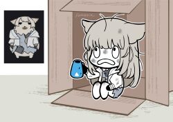  1girl absurdres animal_ears arknights arknights:_endfield artist_name bird_ears bird_girl black_gloves box commentary english_commentary full_body gloves highres holding holding_kettle homeless in_box in_container jacket kettle long_hair open_clothes open_jacket open_mouth perlica_(arknights) reference_inset sarasenia92 sitting solo 