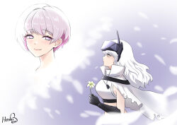  armor bandages blue_eyes blush breasts cloak commentary dog_tags english_commentary flower goddess_of_victory:_nikke head-mounted_display holding holding_flower hoshiberuu large_breasts liliweiss_(nikke) lily_(flower) long_hair multicolored_hair navel official_alternate_costume pink_hair shiny_eyes shirt short_hair smile snow_white_(heavy_arms)_(nikke) snow_white_(nikke) star-shaped_pupils star_(symbol) symbol-shaped_pupils torn_cloak torn_clothes white_cloak white_flower white_hair white_lily white_shirt yellow_eyes 