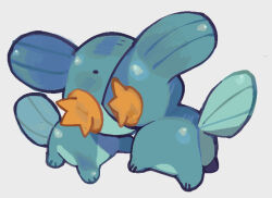  ._. animal_focus blue_skin colored_skin commentary english_commentary fins from_behind head_fins head_in_mouth head_out_of_frame lestoot mudkip no_humans open_mouth painterly pokemon pokemon_(creature) pokemon_focus simple_background white_background 