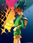  1boy bloodykn8ght blue_background brown_eyes fishing_rod gon_freecss green_hair green_jacket green_shorts highres holding holding_fishing_rod hunter_x_hunter jacket long_sleeves looking_at_viewer male_child male_focus nen_(hunter_x_hunter) profile short_hair shorts signature spiky_hair 