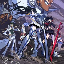 3boys 4girls absurdres black_hair black_hat black_skirt blonde_hair blue_eyes blue_hair blue_skirt dark_skin gamagoori_ira green_hair harime_nui hashtag-only_commentary hat highres holding holding_scissors holding_sword holding_weapon inumuta_houka jakuzure_nonon junketsu kill_la_kill kiryuuin_satsuki little_mojoi long_hair mankanshoku_mako matoi_ryuuko midriff multicolored_hair multiple_boys multiple_girls navel pink_eyes pink_hair red_hair revealing_clothes sanageyama_uzu school_uniform scissor_blade scissor_blade_(kill_la_kill) scissors senketsu serafuku short_hair skirt smile sword thigh-highs two-tone_hair weapon