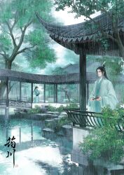  2boys absurdres architecture black_hair building chinese_clothes closed_mouth column commentary_request curtained_hair day east_asian_architecture expressionless folded_fan folding_fan green_hanfu hand_fan hanfu high_ponytail highres holding holding_fan lattice long_hair long_sleeves luo_binghe male_focus multiple_boys outdoors parted_bangs pillar ponytail rain reflection renzha_fanpai_zijiu_xitong ribboned_xiao_guan ripples scenery shen_qingqiu signature standing tile_roof tree veranda very_long_hair walkway water water_drop wide_shot wide_sleeves yunchuan_1013 