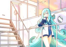  1girl aqua_eyes aqua_hair awase_marina bird blue_jacket closed_mouth commentary_request competition_swimsuit curly_ends drilljapan evening hair_between_eyes hand_on_railing highres jacket jikkyou_powerful_pro_yakyuu long_hair multicolored_jacket one-piece_swimsuit open_clothes open_jacket pearl_hair_ornament power_pro_appli seagull ship solo swimsuit track_jacket two-tone_jacket very_long_hair watercraft white_jacket 