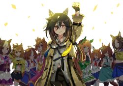  +_+ 6+girls :o ahoge air_groove_(empress_road)_(umamusume) air_groove_(umamusume) animal_ears aqua_eyes aqua_flower aqua_rose aqua_skirt arm_up asymmetrical_shirt black_gloves black_hair black_pants black_skirt blue_eyes blue_skirt blunt_bangs bow brown_hair clenched_hand coat cowboy_shot crown dagger double-parted_bangs ear_bow ear_covers fingerless_gloves flower gloves goggles goggles_around_neck gradient_hair hair_between_eyes hair_ornament hair_ribbon hairband hairclip hand_on_own_chest highres hime_cut horse_ears horse_girl horse_tail jacket jungle_pocket_(champion's_battle_cry)_(umamusume) jungle_pocket_(umamusume) knife knife_sheath long_hair long_sleeves looking_at_viewer matikanefukukitaru_(rising_fortune)_(umamusume) matikanefukukitaru_(umamusume) meisho_doto_(turbulent_blue)_(umamusume) meisho_doto_(umamusume) mejiro_bright_(brunissage_line)_(umamusume) mejiro_bright_(umamusume) midriff mini_crown mokuroo multicolored_hair multiple_girls navel neckerchief notched_ear orange_hair pants pink_crown pink_hairband pleated_skirt purple_ribbon purple_vest red_neckerchief ribbon rose sailor_collar school_uniform serafuku sheath sheathed shirt short_hair silence_suzuka_(innocent_silence)_(umamusume) silence_suzuka_(umamusume) single_ear_cover skirt smile solo_focus special_week_(special_dreamer)_(umamusume) special_week_(umamusume) stay_gold_(sunlit_outsider)_(umamusume) stay_gold_(umamusume) stopwatch suspenders t.m._opera_o_(o_sole_suo!)_(umamusume) t.m._opera_o_(umamusume) tail two-tone_hair umamusume vest violet_eyes weapon white_gloves white_hair white_hairband white_shirt white_skirt yellow_bow yellow_coat yellow_eyes yellow_jacket yellow_sailor_collar 