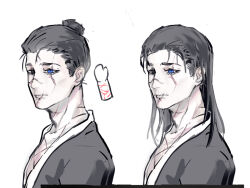  1boy alternate_hairstyle bamboo-hatted_kim black_coat black_eyes bleeding blood blue_eyes coat commentary_request dated hair_bun hair_slicked_back heterochromia limbus_company looking_ahead male_focus medium_hair multiple_views project_moon scar scar_across_eye scar_on_chest scar_on_face scar_on_mouth scar_on_neck shoggoth_(sirens20211) short_hair single_hair_bun upper_body white_background white_trim 