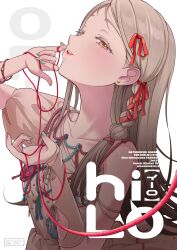  1girl absurdres aojiroi_fokkusu arm_up asymmetrical_sleeves blonde_hair blush collarbone colored_eyelashes comiket_107 commentary_request copyright_name corsage dress earrings fingernails gakuen_idolmaster highres idolmaster jewelry looking_at_viewer multi-tied_hair nail_polish official_alternate_costume orange_eyes shinosawa_hiro smile solo stud_earrings upper_body white_dress 