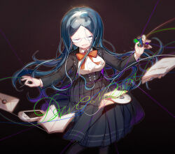  1girl black_jacket blue_hair book bow bowtie breasts cd closed_eyes collared_jacket collared_shirt commentary danganronpa_(series) danganronpa_v3:_killing_harmony dark_background disc glasses handheld_game_console hiragi_rin holding holding_needle jacket letter long_hair long_sleeves needle open_book open_mouth orange_bow orange_bowtie parted_bangs playstation_portable pleated_skirt round_eyewear school_uniform sewing_needle shirogane_tsumugi shirt skirt smile string thread very_long_hair white_shirt 