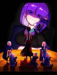  1boy 6+girls arm_guards black_hair black_hakama board_game breasts clone closed_mouth commentary crossed_arms detached_sleeves gloves hakama hakama_skirt hakka_oishie hands_on_own_hips head_tilt heart highres holding holding_mini_person japanese_clothes katanagatari leaf leaf_print long_hair looking_at_another low_ponytail maple_leaf maple_leaf_hair_ornament maple_leaf_print medium_breasts mini_person miniboy minigirl multiple_girls okobo pink_thighhighs platform_sandals ponytail purple_gloves red_sleeves sandals shaded_face shadow shogi short_hair single_glove sitting skirt smile standing thigh-highs togame very_long_hair violet_eyes white_hair yasuri_shichika 