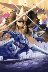  1other 4boys antennae arthropod_boy black_eyes black_skin boss_fight cloak colored_skin fur_trim grey_cloak highres holding holding_brush holding_weapon hollow_eyes hollow_knight horned_mask horns huge_weapon knight_(hollow_knight) kumoketu looking_at_another mask mato_(hollow_knight) multiple_boys multiple_weapons nail_(hollow_knight) old_nail_(hollow_knight) oro_(hollow_knight) paint pure_nail_(hollow_knight) sheo_(hollow_knight) sly_(hollow_knight) weapon white_mask 