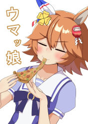  1girl animal_ears blush bow bowtie closed_eyes closed_mouth clover_hair_ornament collarbone commentary_request daruma_doll daruma_doll_hair_ornament ear_covers eating flipped_hair food food_in_mouth four-leaf_clover_hair_ornament hair_between_eyes hair_ornament highres holding holding_food holding_pizza horse_ears horse_girl matikanefukukitaru_(umamusume) orange_hair pizza pizza_slice puffy_short_sleeves puffy_sleeves purple_bow purple_bowtie purple_shirt s_zonmbi sailor_collar sailor_shirt school_uniform shirt short_hair short_sleeves single_ear_cover smile solo tracen_school_uniform umamusume white_sailor_collar 