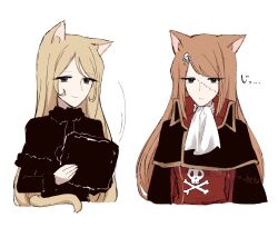  2girls animal_ear_fluff animal_ears artist_name ascot black_cape black_capelet black_dress blonde_hair blue_eyes brown_eyes cape capelet cat_ears cat_girl cat_tail colored_inner_animal_ears commentary_request dress emeraldas expressionless eyelashes funeral_dress fur-trimmed_headwear fur-trimmed_jacket fur_hat fur_trim furry ginga_tetsudou_999 hair_ornament harlock_saga hat jacket kemonomimi_mode koto_(shiberia39) light_smile long_hair looking_at_viewer maetel multiple_girls orange_hair queen_emeraldas red_cape scar scar_on_face signature simple_background skull skull_hair_ornament skull_print smile tail tail_raised twitter_username uchuu_kaizoku_captain_harlock unworn_hat unworn_headwear very_long_hair white_ascot white_background 