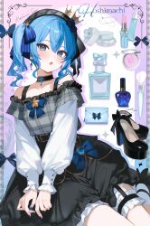  1girl absurdres alternate_costume beret black_choker black_shirt black_shoes black_skirt blue_eyes blue_hair blue_nails blush character_name choker commentary_request grey_hat hat high_heels highres hololive hoshimachi_suisei looking_at_viewer medium_hair nail_polish open_mouth sakurada_nana shirt shoes skirt solo star_(symbol) star_in_eye symbol_in_eye virtual_youtuber 