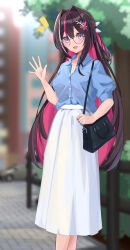  1girl :d absurdres asymmetrical_sidelocks azki_(hololive) bag black_hair blue_shirt blurry blurry_background braid collared_shirt colored_inner_hair commentary_request day double-parted_bangs hair_intakes hair_ornament hairclip half_up_half_down_braid handbag highres hololive long_skirt looking_at_viewer mole mole_under_eye multicolored_hair open_mouth outdoors pink_hair pink_streaks round_eyewear shara_(syara_so_ju) shirt shirt_partially_tucked_in short_sleeves sidelocks skirt smile solo violet_eyes virtual_youtuber waving white_skirt white_streaks 
