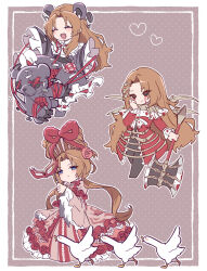  1girl :d animal_ears axe bear_claws bear_ears bird black_sclera blood blue_eyes brown_hair closed_eyes closed_mouth coat colored_sclera dress e.g.o_(project_moon) flower frills heart hex_nail_(e.g.o) highres holding holding_axe indicant's_trial_(e.g.o) limbus_company long_hair long_sleeves marbornath mask masquerade_mask multiple_views nail_(hardware) nail_in_head open_mouth paw_sleeves pink_dress project_moon purple_dress red_coat red_dress red_eyes red_yarn rodion_(project_moon) rose sanguine_desire_(e.g.o) shirt smile stitches stuffed_animal stuffed_toy teddy_bear 