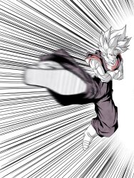  1boy boots commentary_request crossed_arms dougi dragon_ball dragon_ball_z feet flying_kick foot_focus full_body gloves grey_shirt highres kenran_dokkan kicking limited_palette male_focus motion_blur motion_lines muscular muscular_male orange_shirt red_eyes shirt solo speed_lines spiky_hair super_saiyan super_saiyan_1 vegetto 