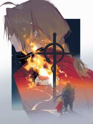  2boys alphonse_elric armor blonde_hair border braid brothers burning burning_building caley25364498 closed_mouth coat commentary edward_elric english_commentary fire full_armor fullmetal_alchemist highres house living_armor long_hair male_focus multiple_boys outside_border red_coat siblings single_braid sketch standing white_border 
