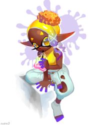  1girl absurdres blonde_hair colored_extremities colored_eyelashes colored_tips crop_top dark-skinned_female dark_skin drink drink_bag drink_pouch drinking drinking_straw figure_four_sitting forehead from_above frye_(splatoon) full_body highres holding holding_drink inkling long_eyelashes long_pointy_ears looking_at_viewer multicolored_hair namnums pants pointy_ears shirt short_eyebrows short_hair sitting sleeveless sleeveless_shirt solo splatoon_(series) splatoon_3 symbol-shaped_pupils tentacle_hair triangular_eyebrows white_pants yellow_eyes yellow_shirt 