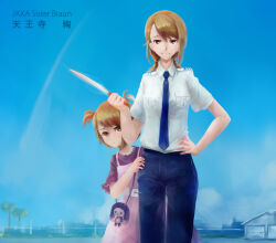  :< age_comparison blouse blue_eyes blue_necktie blue_pants blue_sky breast_pocket brown_hair child dress dress_shirt hand_on_own_hip hiding hiding_behind_another hihei_xiaobai holding holding_knife jaxa knife necktie outdoors pants pinafore_dress pine_tree pink_dress pocket purple_shirt robotics;notes science_adventure shirt short_twintails shoulder_boards sky sleeveless sleeveless_dress smile steins;gate stuffed_animal stuffed_toy tennouji_nae tennouji_nae_(robotics;notes) tree twintails white_shirt 