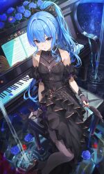  1girl absurdres atatatatame01 bare_shoulders black_dress black_gloves black_nails blue_eyes blue_flower blue_hair blue_rose commentary_request detached_sleeves dress fingerless_gloves flower gloves hair_between_eyes high_ponytail highres hololive hoshimachi_suisei instrument long_hair looking_at_viewer parted_lips piano ponytail rose short_sleeves sitting solo virtual_youtuber 