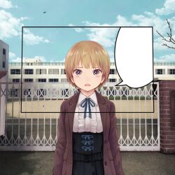  1girl aircraft airplane bare_tree blank_speech_bubble blue_sky brown_hair clouds coat commentary_request looking_at_viewer open_clothes open_coat open_mouth original outdoors school_gateway short_hair sky solo speech_bubble tree yajirushi_(chanoma) 