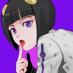  1boy black_hair blunt_bangs bob_cut bruno_bucciarati hair_ornament hairclip jojo_no_kimyou_na_bouken licking licking_finger lowres morikiri solo vento_aureo violet_eyes zipper zipper_pull_tab 