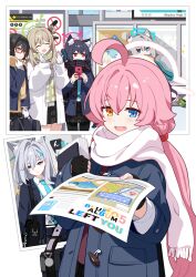  6+girls absurdres ahoge animal_ear_fluff animal_ears ayane_(blue_archive) bag black_coat black_gloves black_hair black_pantyhose black_scarf black_skirt blue_archive blue_eyes blue_halo blue_necktie blue_ribbon blue_scarf braid brown_hair cellphone closed_eyes closed_mouth coat commentary_request covered_mouth duffel_coat english_text fang fingerless_gloves glasses gloves green_gloves green_halo grey_hair hair_between_eyes hair_bun hair_ornament hair_ribbon hairclip halo heterochromia highres holding holding_bag holding_paper holding_phone hoshino_(blue_archive) id_card ideolo long_hair long_sleeves multiple_girls necktie nonomi_(blue_archive) open_mouth pantyhose paper phone pink_hair pink_halo plaid_clothes plaid_skirt red-framed_eyewear red_eyes red_halo ribbon scarf scarf_over_mouth school_uniform serika_(blue_archive) shiroko_(blue_archive) shiroko_terror_(blue_archive) shirt short_hair shoulder_bag sign skirt smartphone smile star_(symbol) twintails very_long_hair white_coat white_gloves white_scarf white_shirt wolf_ears wolf_girl yellow_eyes yellow_scarf 