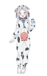  1girl absurdres animal_costume animal_print bell blue_eyes blush cosplay cow_costume cow_print cowbell ear_tag fake_udder full_body grey_hair highres holding holding_jar jar kigurumi light_blush long_hair looking_at_viewer mary_janes merlt neck_bell open_mouth original parted_bangs sailor_collar shoes simple_background smile solo standing white_background 