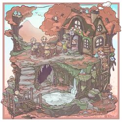  1girl 3boys :d animal apron backpack bag barrel bear bird bridge brown_pants chigu closed_eyes closed_mouth commentary_request cooking_pot day dog green_apron green_shoes highres holding holding_cooking_pot house ladder multiple_boys open_mouth original outdoors pants rabbit scenery shoes sitting smile speech_bubble spoken_expression squirrel stairs standing tree tree_stump water 