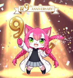  1girl :3 animal_ears animal_hands animal_nose anniversary balloon black_boots black_sweater blush body_fur boots braid cat_busters cat_ears cat_girl cat_tail chibikemo coat commentary_request fang full_body furry furry_female green_eyes grey_skirt hair_between_eyes highres holding holding_balloon holding_party_popper lab_coat long_hair looking_at_viewer low_twin_braids neko_hakase oceannuts open_clothes open_coat open_mouth party_popper pink_hair pleated_skirt skirt smile solo spotlight standing sweater tail turtleneck turtleneck_sweater twin_braids very_long_hair whiskers white_fur 