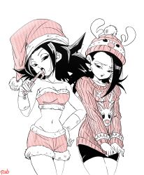  2girls absurdres antlers arm_at_side bandeau caulifla christmas closed_mouth commentary dragon_ball dragon_ball_super earrings english_commentary full_body fur_trim half-closed_eyes hand_up hat highres horns jewelry kale looking_at_viewer midriff monochrome multiple_girls navel open_mouth reindeer_antlers roub3d santa_hat screentones shorts simple_background standing strapless sweater tube_top ugly_sweater white_background 