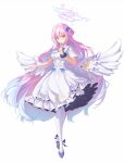  1girl absurdres angel angel_wings blue_archive dress halo highres long_hair looking_at_viewer mika_(blue_archive) pantyhose pink_hair simple_background solo user_mfjc3243 white_background white_dress white_pantyhose wings yellow_eyes 