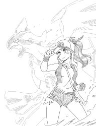 1girl absurdres adjusting_clothes adjusting_headwear baseball_cap breasts commentary_request dust_cloud expressionless galois hat hatching_(texture) highres hilda_(pokemon) holding holding_poke_ball korean_commentary medium_breasts military_vehicle monochrome motor_vehicle poke_ball pokemon pokemon_(creature) pokemon_bw ponytail short_shorts shorts sidelocks signature tank vest wristband zekrom 