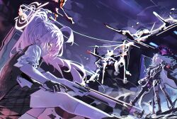  2girls absurdres ahoge black_boots black_coat black_gloves black_jacket black_skirt blue_archive boots bulletproof_vest coat coat_on_shoulders commentary_request demon_girl demon_horns demon_wings fingerless_gloves fur-trimmed_coat fur_trim gloves gun halo highres hina_(blue_archive) holding holding_gun holding_weapon horns hoshino_(armed)_(blue_archive) hoshino_(blue_archive) its2h35 jacket knee_boots kneehighs light_machine_gun long_hair machine_gun multiple_girls pink_hair pink_halo plaid_clothes plaid_skirt ponytail purple_halo purple_thighhighs scratches shirt shotgun side_slit skirt sleeves_rolled_up socks thigh-highs violet_eyes weapon white_hair white_shirt white_socks wings yellow_eyes 