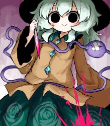  1girl bandaid bandaid_on_eye black_eyes black_hat blood blood_on_knife buttons diamond_button eyeball floral_print frilled_shirt_collar frilled_sleeves frills green_hair green_skirt hat heripantomorrow holding holding_knife knife komeiji_koishi pink_blood rose_print shirt skirt smile third_eye touhou wide_sleeves yellow_shirt 