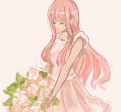  1girl bare_arms bare_shoulders bead_necklace beads bouquet closed_eyes commentary_request cowboy_shot expressionless flower flower_necklace frilled_shirt frills highres hino_(8) holding holding_bouquet jewelry long_hair long_sidelocks miniskirt miracle_nikki necklace nikki_(nikki) nikki_(series) parted_lips pink_flower pink_hair pink_rose pink_shirt pink_skirt pleated_skirt pointy_nose red_flower red_rose rose shirt sidelocks simple_background sketch skirt sleeveless sleeveless_shirt solo standing turtleneck turtleneck_shirt very_long_hair wavy_hair white_background 