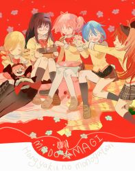  5girls absurdres akemi_homura antenna_hair black_bow black_hair black_hairband black_pantyhose black_skirt black_socks blonde_hair blue_eyes blue_hair blush_stickers bow bowl bowtie braid brown_shoes carpet charlotte_(madoka_magica) chopsticks closed_eyes closed_mouth collared_shirt copyright_name creature_on_lap crepe cup dot_nose drill_hair eating feet_out_of_frame fighting floral_background flower_hairpin food frown furrowed_brow glasses hair_between_eyes hair_bow hair_over_shoulder hair_ribbon hairband happy high_collar highres holding holding_bowl holding_chopsticks holding_crepe holding_cup holding_food juliet_sleeves kaname_madoka kneehighs kneeling knees lace-trimmed_shirt lace-trimmed_sleeves lace_trim layered_shirt long_hair long_hair_between_eyes long_sleeves looking_at_another low_twin_braids mahou_shoujo_madoka_magica mahou_shoujo_madoka_magica:_hangyaku_no_monogatari miki_sayaka miniskirt mitakihara_school_uniform multiple_girls nengo official_alternate_costume open_mouth outstretched_arm pantyhose pink_eyes pink_hair plaid_clothes plaid_skirt pleated_skirt pocket polka_dot polka_dot_bow polka_dot_bowtie ponytail puffy_sleeves red-framed_eyewear red_background red_bow red_bowtie red_hair red_ribbon ribbon sakura_kyoko school_uniform shirt shoes short_hair short_twintails sidelocks skirt sleeve_cuffs smile socks spool sweatdrop teacup thigh-highs thread tomoe_mami twin_braids twin_drills twintails uwabaki very_long_hair violet_eyes white_thighhighs witch_(madoka_magica) yellow_shirt zettai_ryouiki 