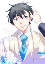  1boy 1other black_hair blue_eyes blue_necktie brown_jacket brown_vest chaos;child commentary_request dress_shirt ikuhashi_muiko itou_shinji_(chaos;child) jacket looking_at_viewer male_focus necktie science_adventure shirt short_hair simple_background solo suit upper_body vest white_background 