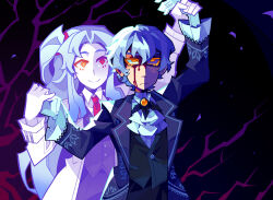 2girls alt_text angela_(project_moon) arm_up ascot black_vest blue_coat blue_hair brooch carmen_(project_moon) coat collared_shirt colored_eyelashes commentary corvitorium cowboy_shot e.g.o_(project_moon) english_commentary gloves hair_intakes heterochromia highres holding_another's_wrist jewelry lab_coat lapels library_of_ruina lobotomy_corporation long_hair multiple_girls necktie notched_lapels project_moon red_eyes red_necktie shirt very_long_hair vest white_ascot white_coat white_gloves white_shirt wrist_cutter_(e.g.o) yellow_eyes 